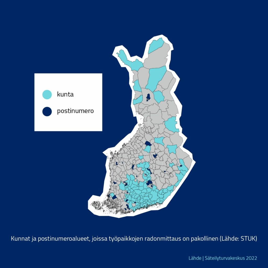 Korkean radonriskien alueet Suomessa -kartta. Raksystems tekee radonmittauksia koko maassa.